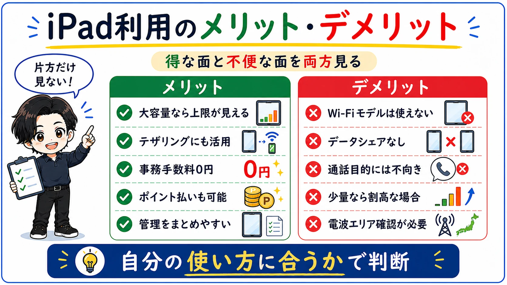 楽天モバイルでiPadを使うメリットとデメリットを料金、無制限、エリア、端末購入の観点で整理した図解