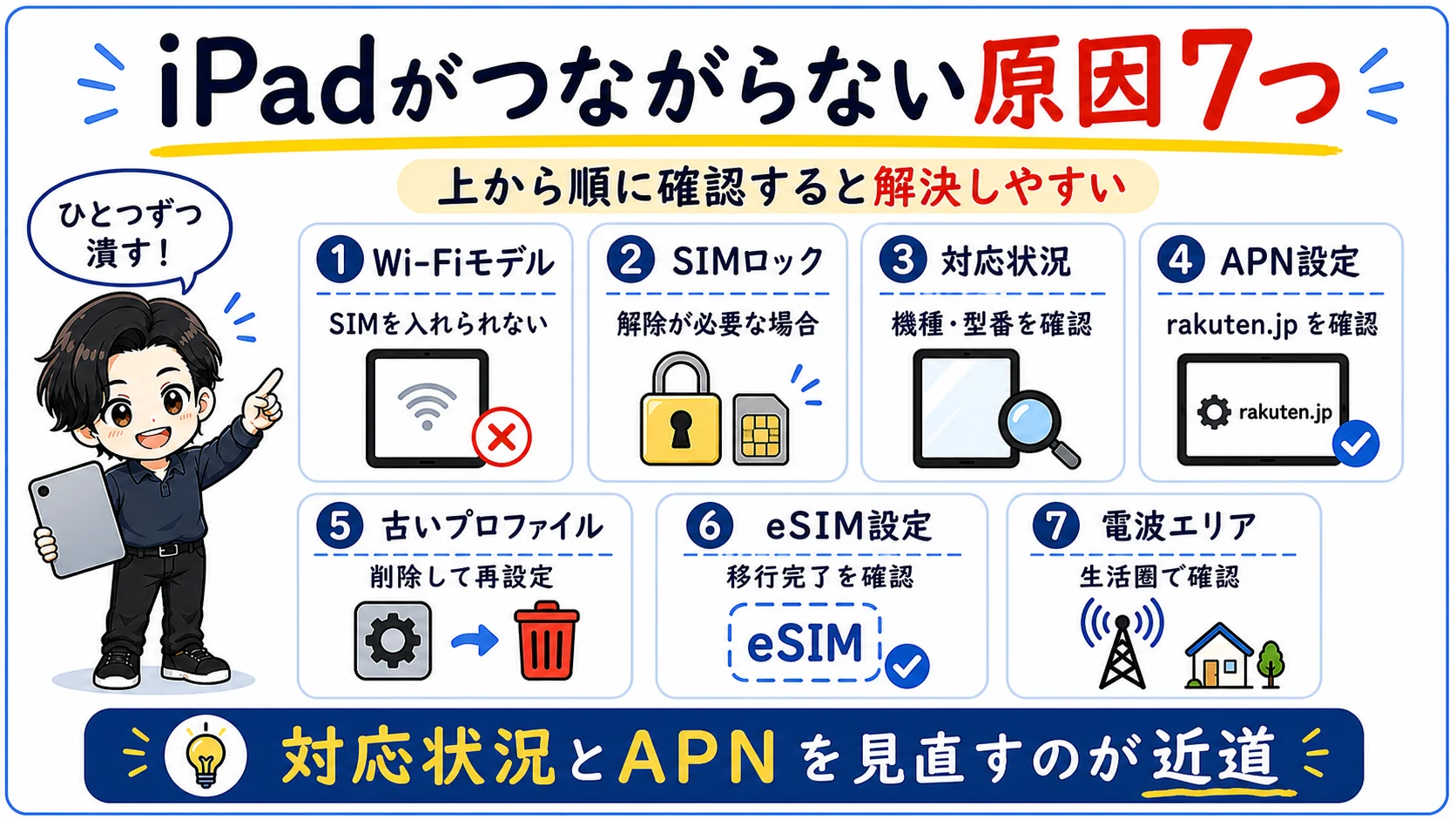 iPadで楽天モバイルが繋がらないときに確認するSIM設定、APN、機内モード、エリア、OS更新などの原因一覧