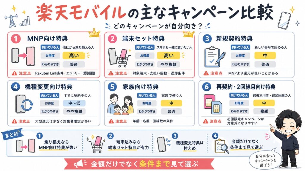 楽天モバイルの主なキャンペーンを比較した図解。MNP向け、端末セット、新規契約、機種変更、家族向け、再契約・2回線目向けの特典と注意点を整理