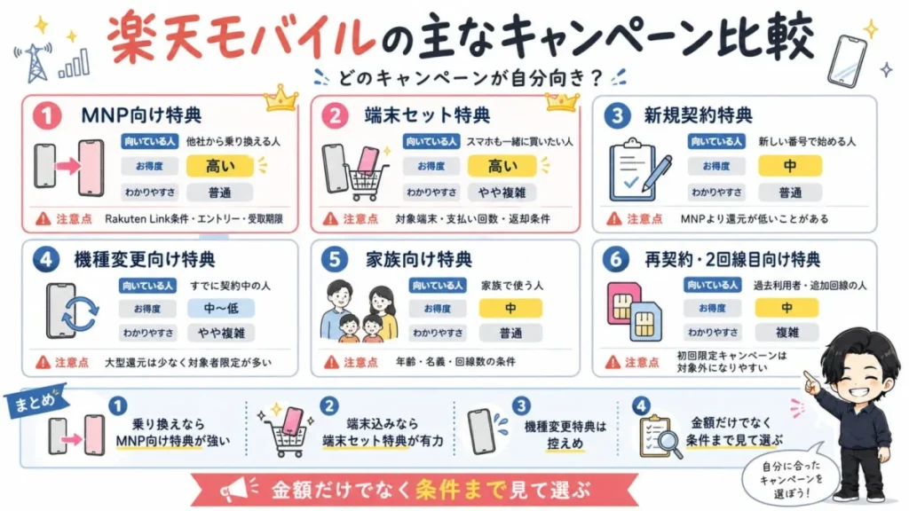 楽天モバイルの主なキャンペーンを比較した図解。MNP向け、端末セット、新規契約、機種変更、家族向け、再契約・2回線目向けの特典と注意点を整理