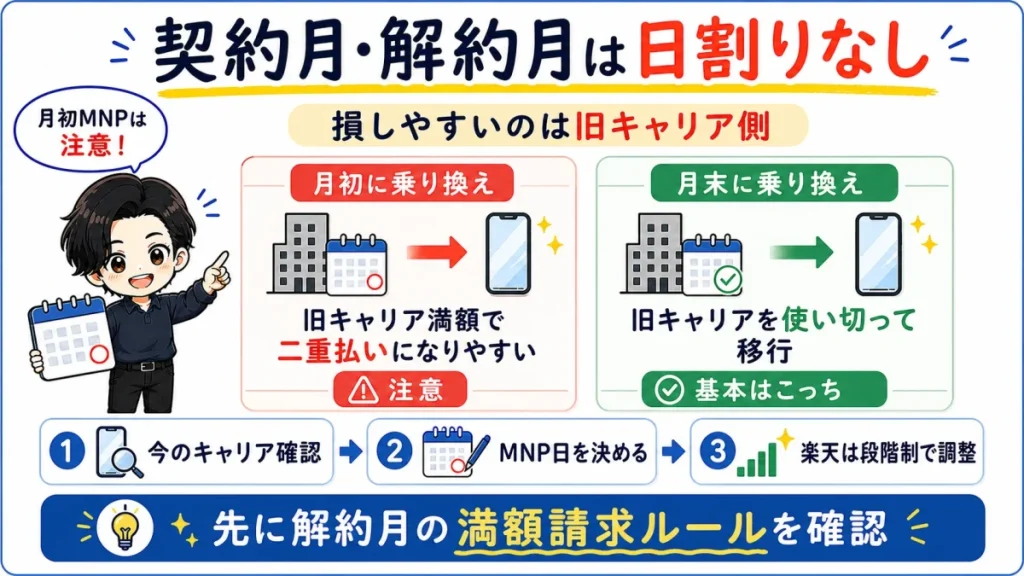 楽天モバイルや旧キャリアの契約月・解約月が日割りされない場合に備え、月末乗り換えで二重払いを防ぐ考え方を示した図解。