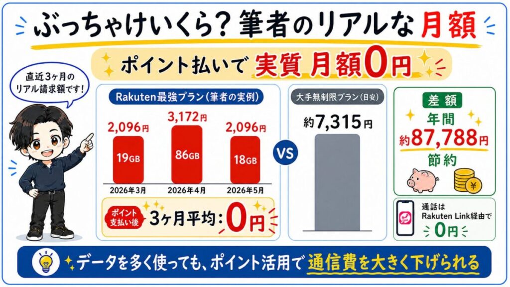 筆者の楽天モバイル請求額がポイント支払いで0円。大手キャリアと比較した図解。