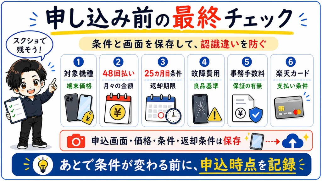 楽天モバイル買い替え超トクプログラムの申し込み前に、対象機種、48回払い、25カ月目条件、故障費用、手数料、楽天カード条件を確認する図解。