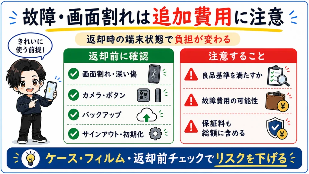 楽天モバイル買い替え超トクプログラムで返却端末の故障や画面割れにより追加費用が発生する可能性と、返却前に確認したい項目をまとめた図解。