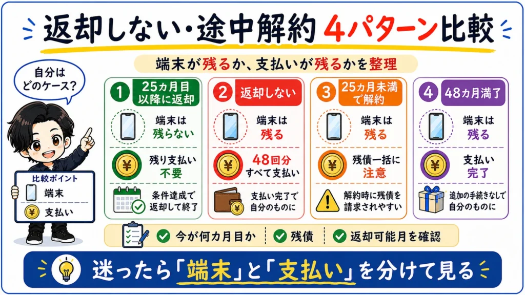楽天モバイル買い替え超トクプログラムで25カ月目以降の返却、返却しない、25カ月未満の解約、48カ月満了の4パターンを比較した図解。