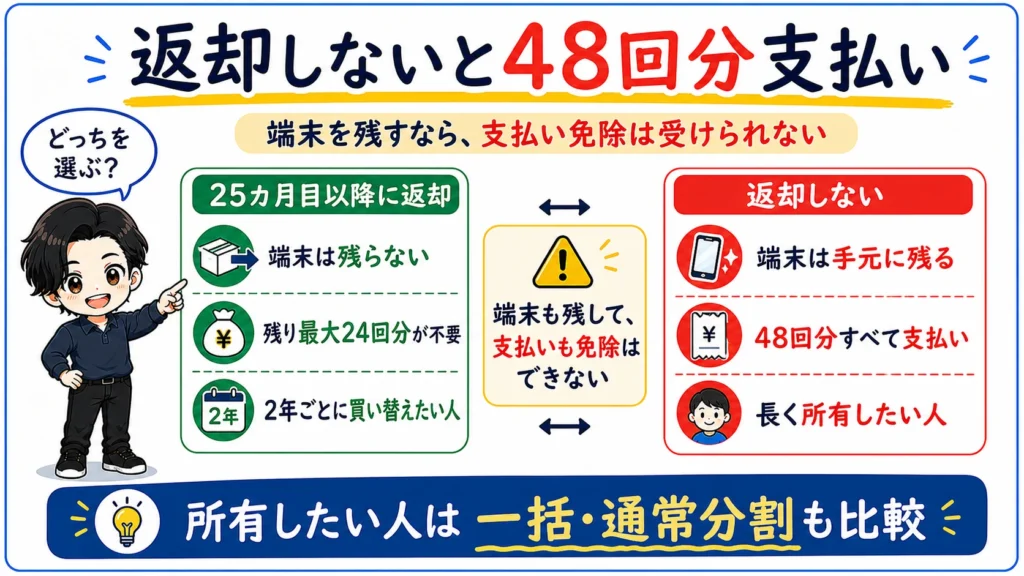 楽天モバイル買い替え超トクプログラムで25カ月目以降に返却する場合と返却しない場合の端末所有と支払いの違いを比較した図解。