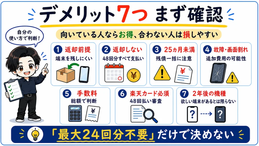 楽天モバイル買い替え超トクプログラムで確認したい返却前提、48回払い、残債、故障費用、手数料、楽天カード、2年後の機種選びをまとめた図解。