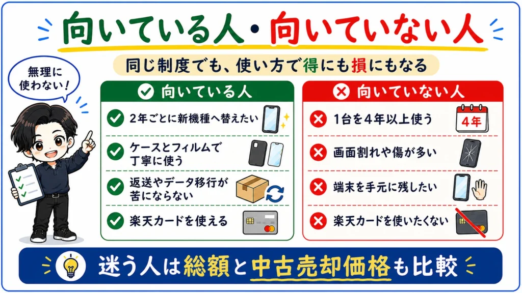 楽天モバイル買い替え超トクプログラムが向いている人と向いていない人を、2年ごとの買い替え、端末の扱い方、楽天カード利用の観点で整理した図解。
