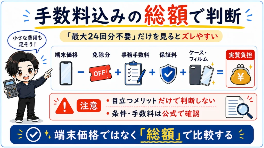 楽天モバイル買い替え超トクプログラムを最大24回分不要だけで判断せず、事務手数料や保証料も含めた総額で比較する考え方を示した図解。