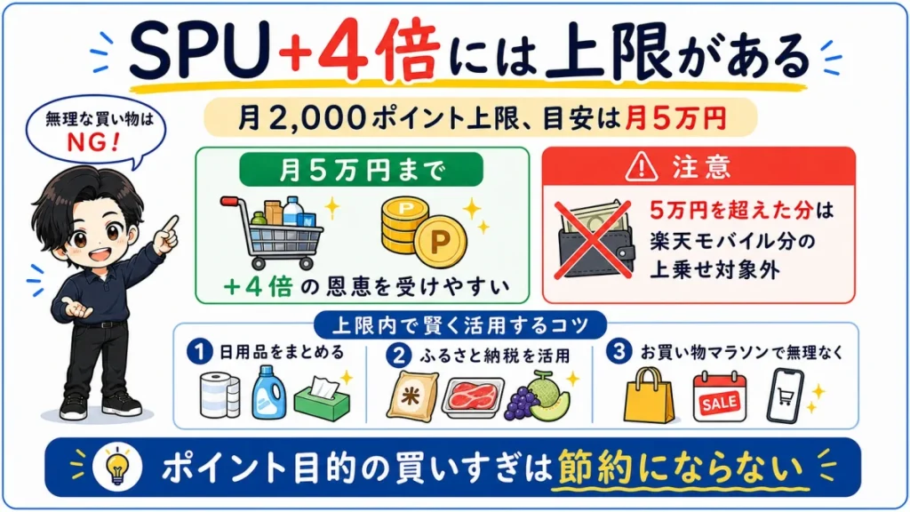 楽天モバイル契約によるSPU+4倍は月2,000ポイント上限で、楽天市場の買い物は月5万円までが目安になることを示した図解。