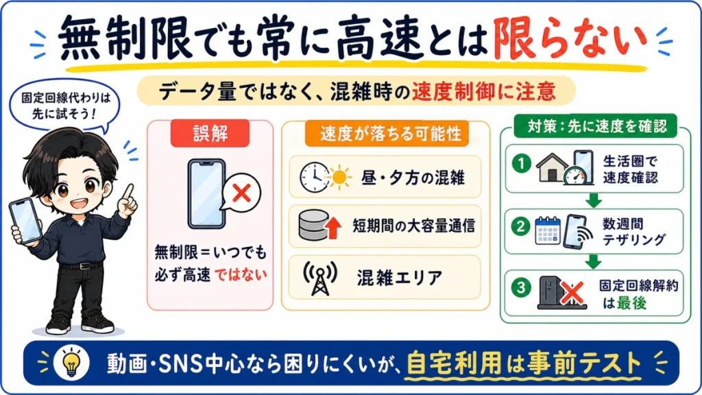楽天モバイルのデータ無制限は常に高速という意味ではなく、混雑時や大容量通信時に速度制御の可能性があることを説明した図解。