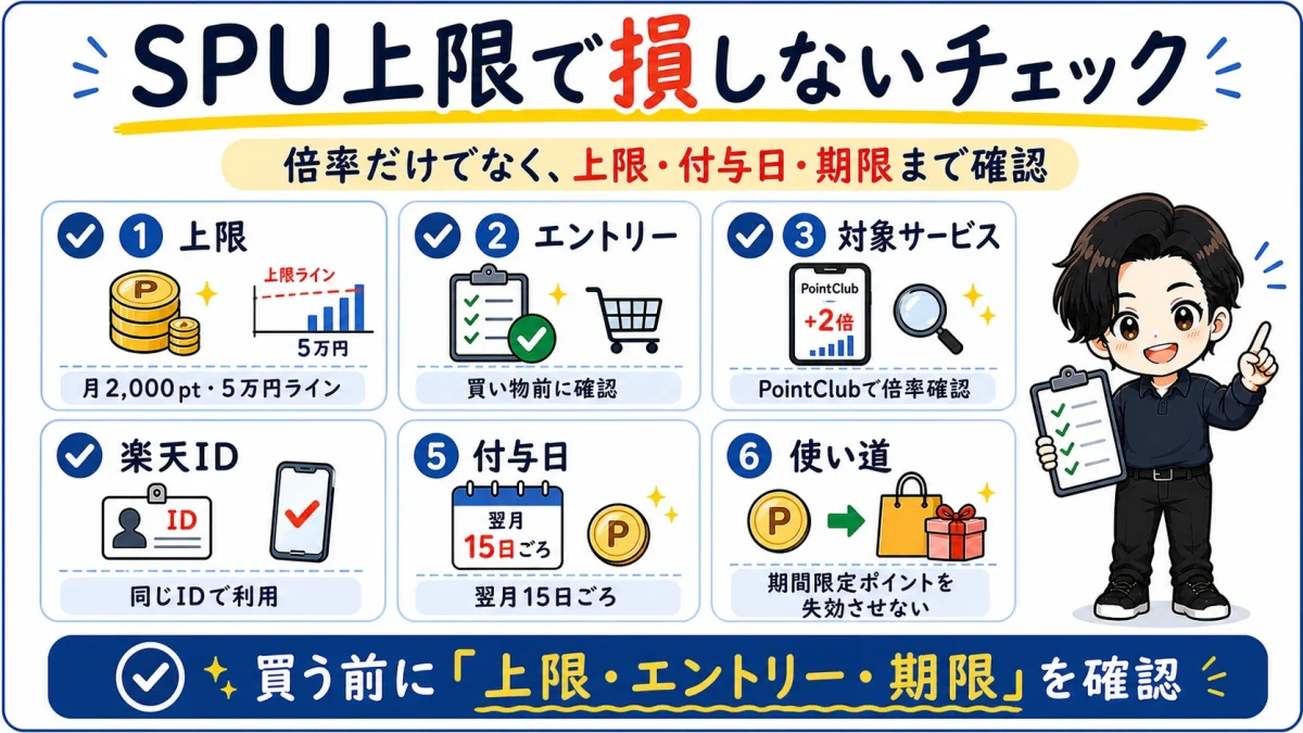 楽天SPUで損しないために上限、エントリー、対象サービス、楽天ID、付与日、期間限定ポイントの使い道を確認するチェックリスト