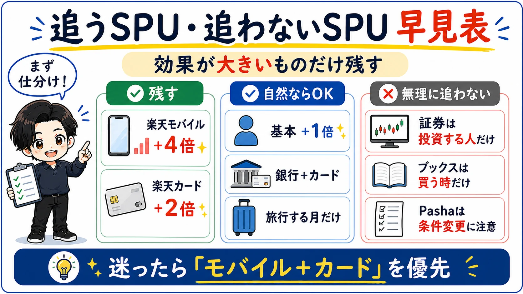 楽天SPU改悪後に残すべき楽天モバイルと楽天カード、自然ならOKなSPU、無理に追わないSPUを整理した早見表