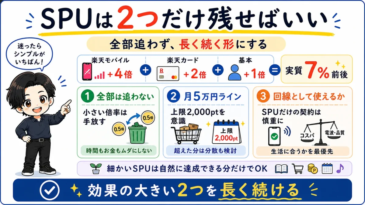 楽天SPU改悪後は楽天モバイルと楽天カードの2つを残し、上限と回線利用を確認して続ける考え方をまとめた図解